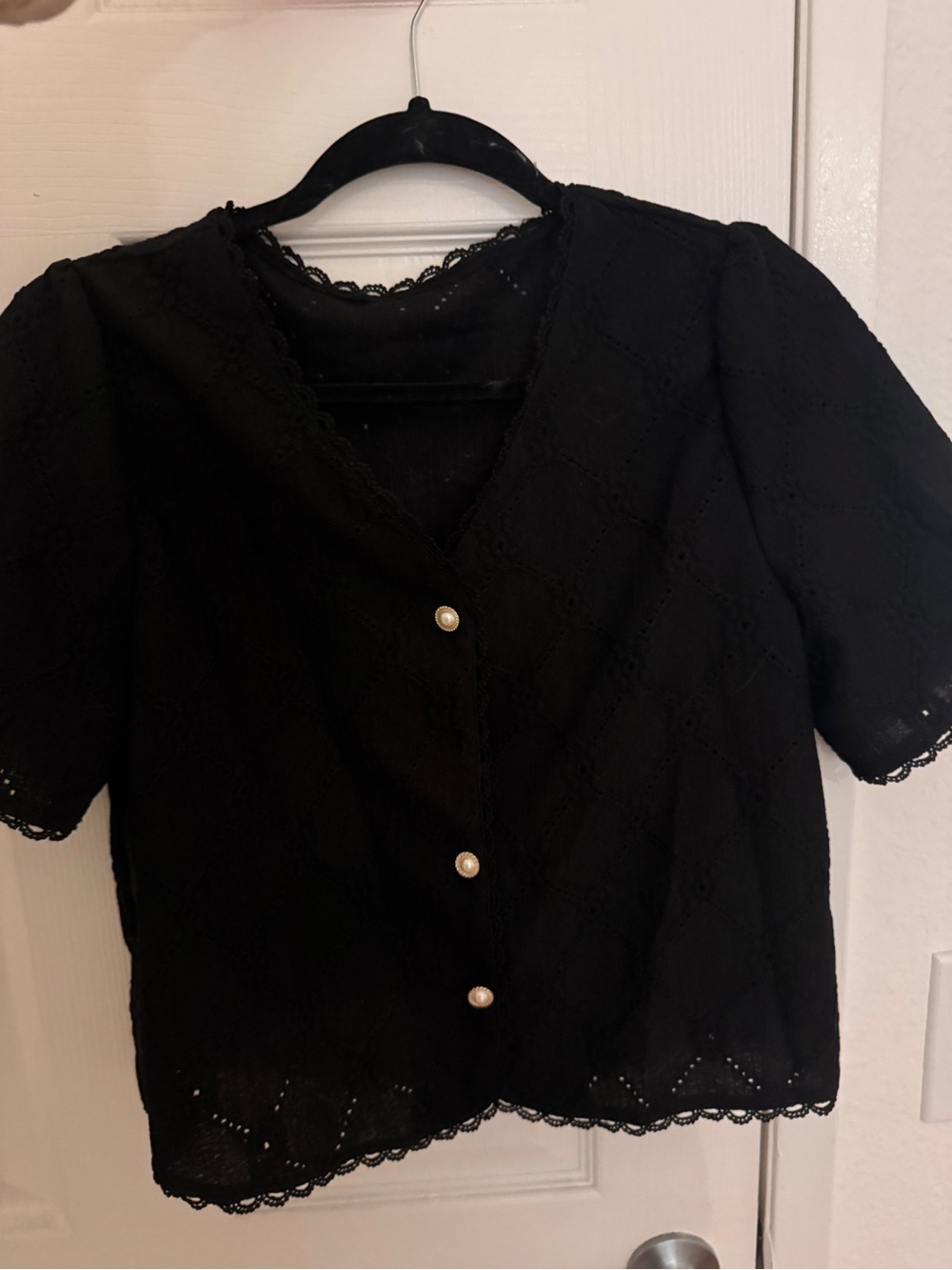 Womens Black Lace-Trim Button Front Top